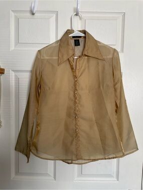 Frenchi Womens size Medium Sheer Golden Tan Button-Up Blouse
